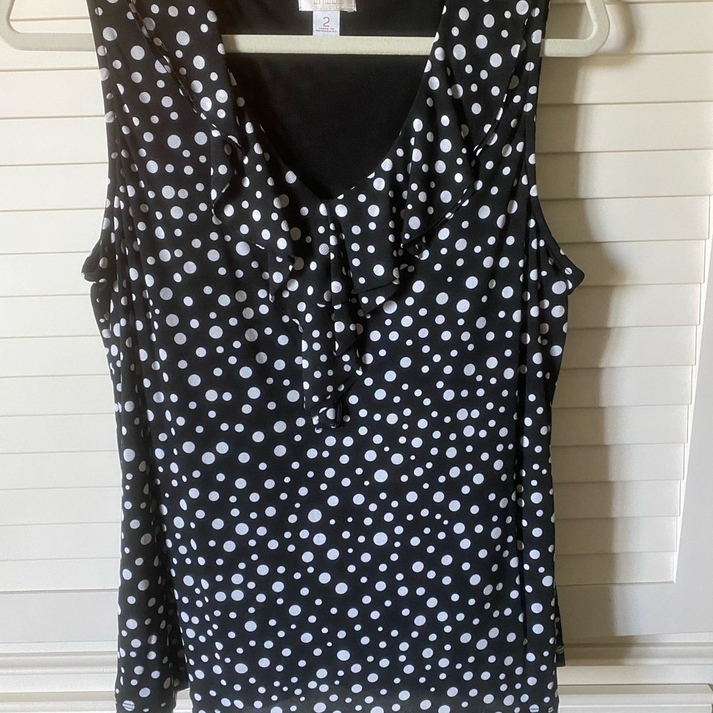 Chico's Black White Polka Dot Ruffle V-Neck Tank
